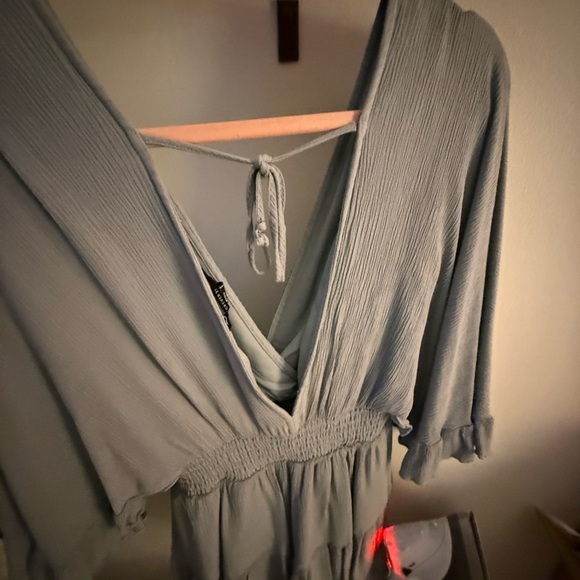 Forever 21 Blue Wrap romper with Tie back and Smocked Ruffles - Picture 2 of 4